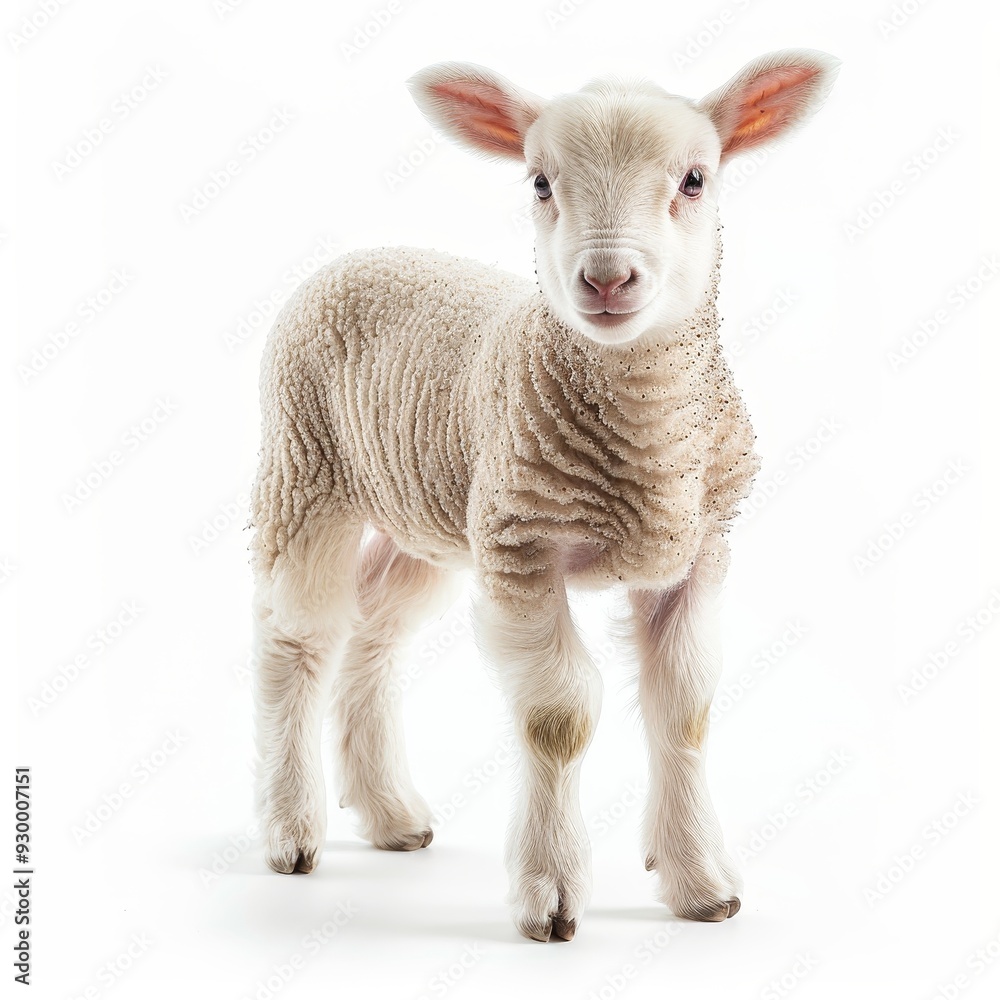 This is a lamb. It is a young sheep. It has white wool. It is standing on a white background. It is looking at the camera.