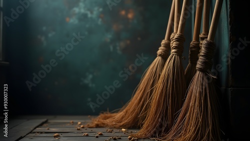 Rustic straw brooms leaning against a dark wall, evoking a magical and mystical Halloween atmosphere photo