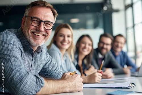 Happy businesspeople at a conference table, smiling and looking at the camera. A man with glasses takes notes on a board during a casual meeting or training session. Studio lighting used.