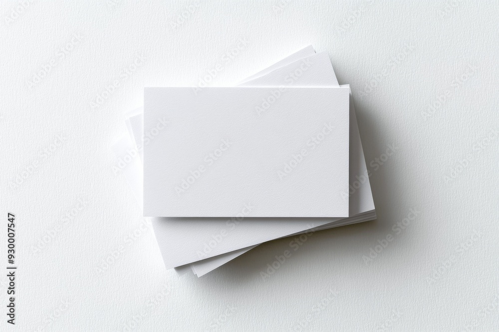 Blank business cards stacked on a white background with ample copy space for customization, top view of clean and professional design template. Blank business cards stacked on a white background with ample copy space for customization, top view of clean and professional design template.