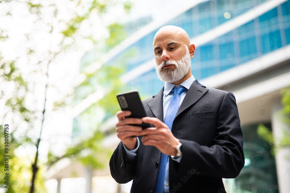 Handsome stylish bald manager using a smartphone outdoor Handsome stylish bald manager using a smartphone outdoor