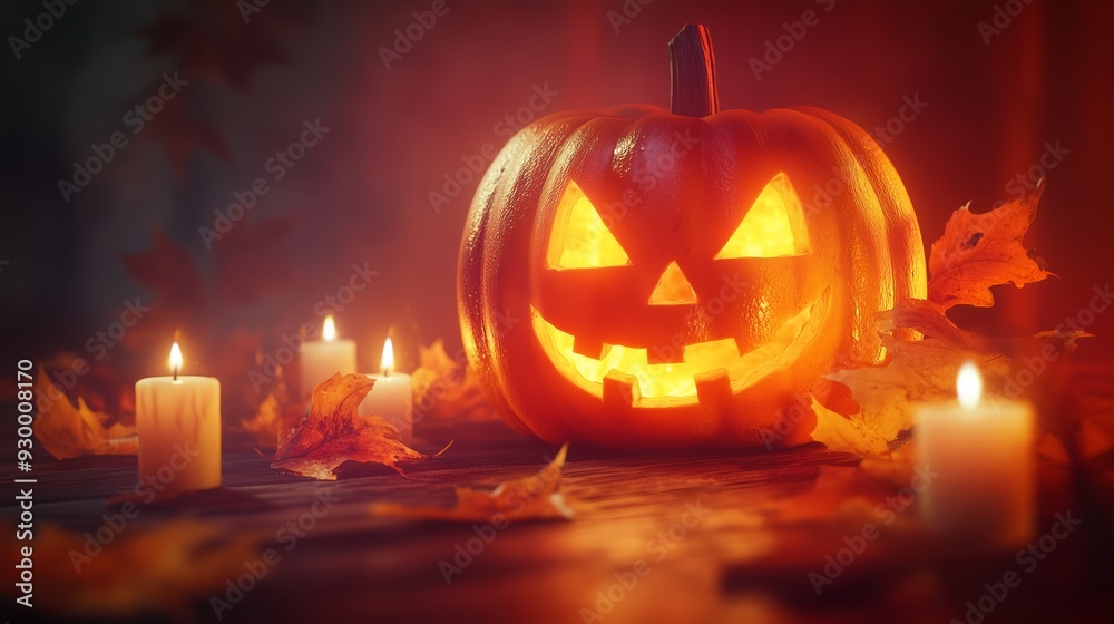 Fototapeta premium Halloween pumpkin with a carved face and candles on a wooden table.