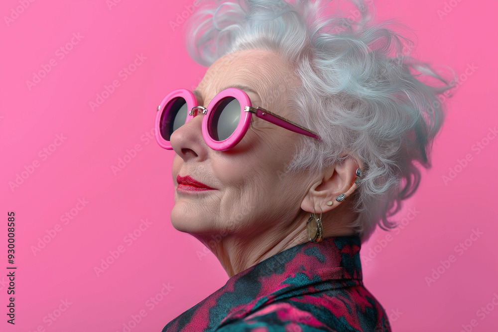Elderly woman with bright makeup, gray hair and bright clothes close-up in punk look on bright background, advertising banner Elderly woman with bright makeup, gray hair and bright clothes close-up in punk look on bright background, advertising banner