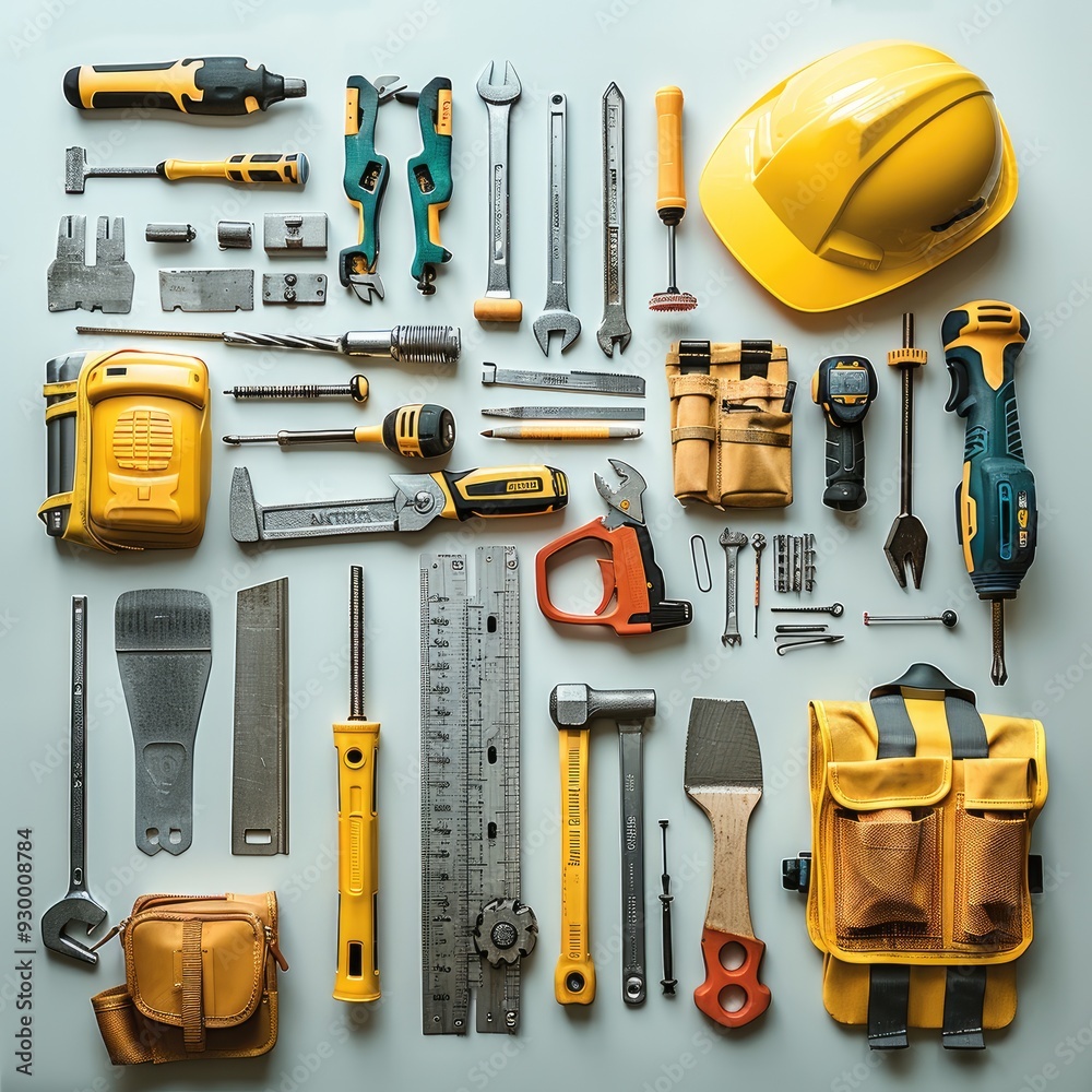 A professional set of construction tools and gear showcased in a clean and organized manner, symbolizing precision and quality workmanship in the general contracting. top view. Generative AI. A professional set of construction tools and gear showcased in a clean and organized manner, symbolizing precision and quality workmanship in the general contracting. top view. Generative AI.