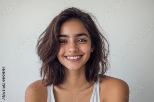 smiling Indian woman exudes confidence in a casual tank top, t-shirt and bikini style, set against a bright, airy white background, perfect for summer themed visuals.