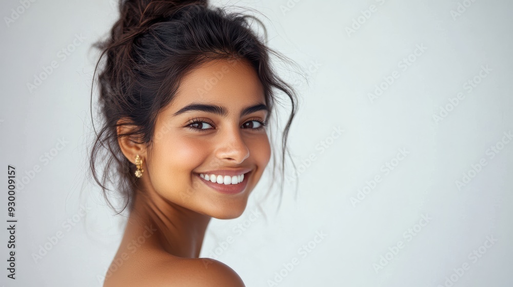 smiling Indian woman exudes confidence in a casual tank top, t-shirt and bikini style, set against a bright, airy white background, perfect for summer themed visuals. smiling Indian woman exudes confidence in a casual tank top, t-shirt and bikini style, set against a bright, airy white background, perfect for summer themed visuals.