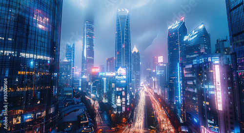 Wallpaper Mural A futuristic urban street at night. towering buildings with illuminated windows and digital billboards. The city is bathed in cool blues and purples, giving a surreal, high-tech feel. Generative AI. Torontodigital.ca