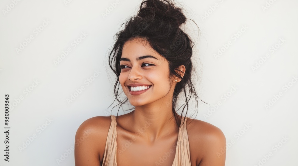 smiling Indian woman exudes confidence in a casual tank top, t-shirt and bikini style, set against a bright, airy white background, perfect for summer themed visuals. smiling Indian woman exudes confidence in a casual tank top, t-shirt and bikini style, set against a bright, airy white background, perfect for summer themed visuals.