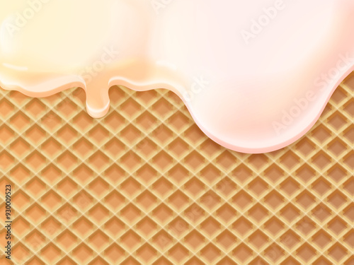 Ice cream waffle texture. Realistic icecream waffles melting frozen milk border, 3d crispy wafer wallpaper ad confectioner melted creme summer sweets, exact vector illustration