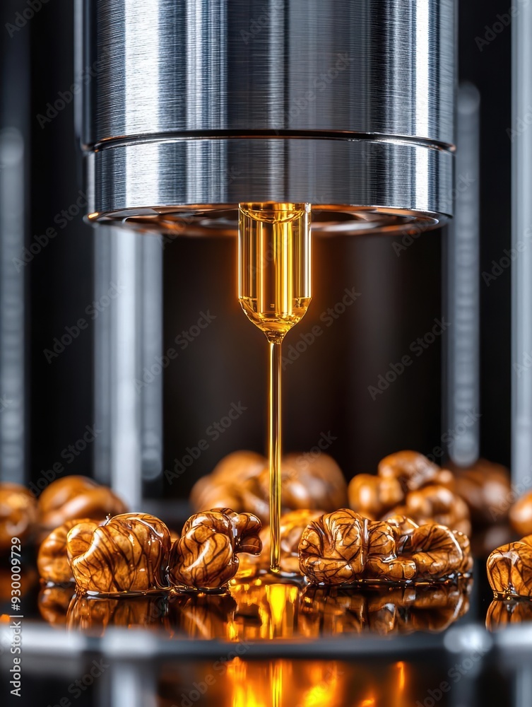 A close-up of a modern machine dispensing golden syrup onto shiny round treats, showcasing a blend of technology and indulgence. A close-up of a modern machine dispensing golden syrup onto shiny round treats, showcasing a blend of technology and indulgence.