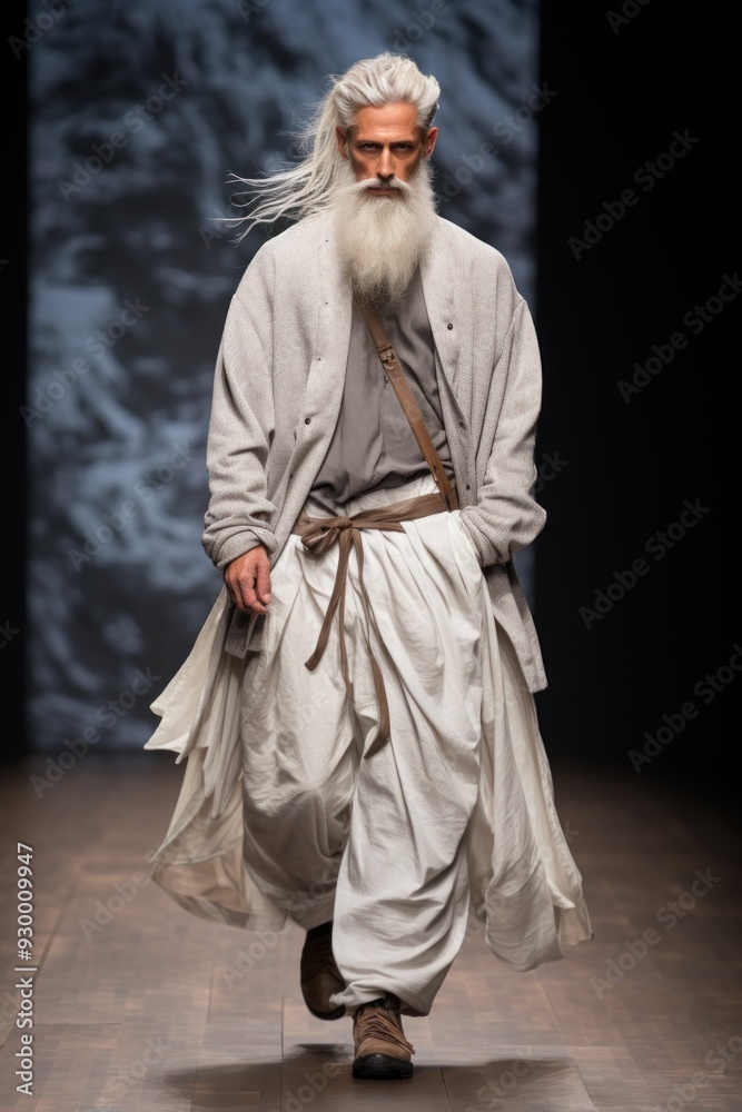 Model walks fashion week catwalk runway show, casual flowing outfit, white top free trousers Model walks fashion week catwalk runway show, casual flowing outfit, white top free trousers