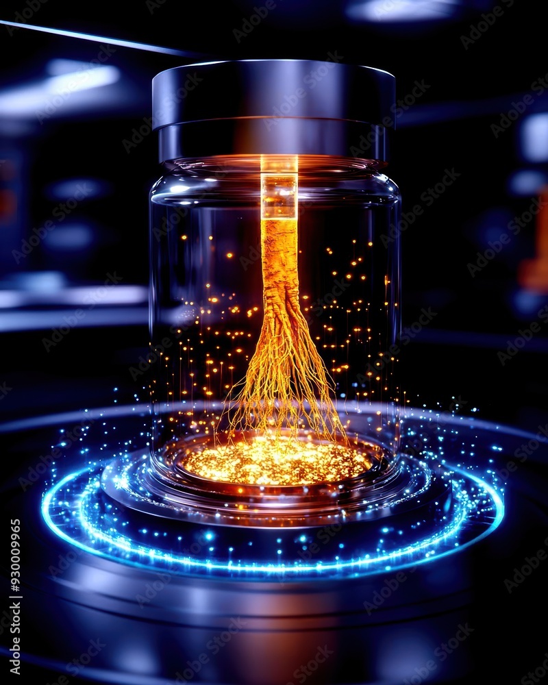 A futuristic vial emitting glowing energy beams and particles in a high-tech environment, symbolizing innovation and technology. A futuristic vial emitting glowing energy beams and particles in a high-tech environment, symbolizing innovation and technology.