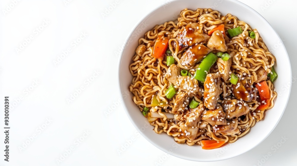 An image of curry-flavored instant noodles with chicken and vegetables displayed on a white background An image of curry-flavored instant noodles with chicken and vegetables displayed on a white background