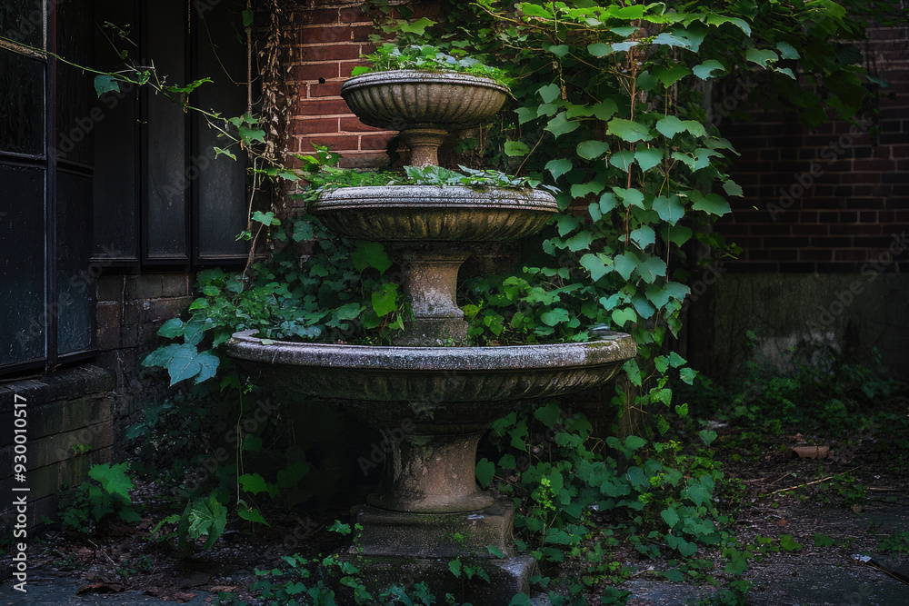 Stone Fountain Overgrown with Plants in an Abandoned Mansion Stone Fountain Overgrown with Plants in an Abandoned Mansion