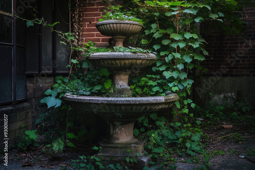 Stone Fountain Overgrown with Plants in an Abandoned Mansion