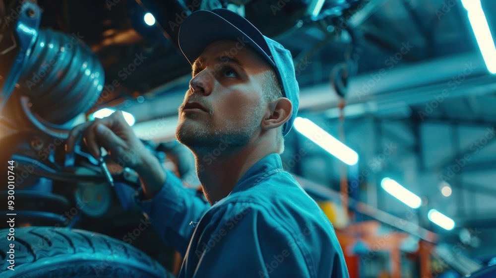 photograph of Car mechanic worker wearing a blue uniform and a cap, standing under the car in a modern garage room, and repairing or fixing automobile vehicle parts. Technician service and maintenance photograph of Car mechanic worker wearing a blue uniform and a cap, standing under the car in a modern garage room, and repairing or fixing automobile vehicle parts. Technician service and maintenance