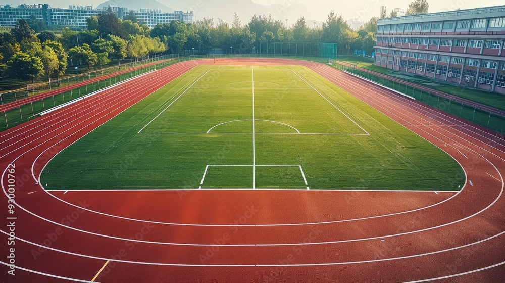 Fototapeta premium A red running track with white lines, surrounded by green grass and the stands of an outdoor sports stadium. taken from an elevated position. Generative AI.