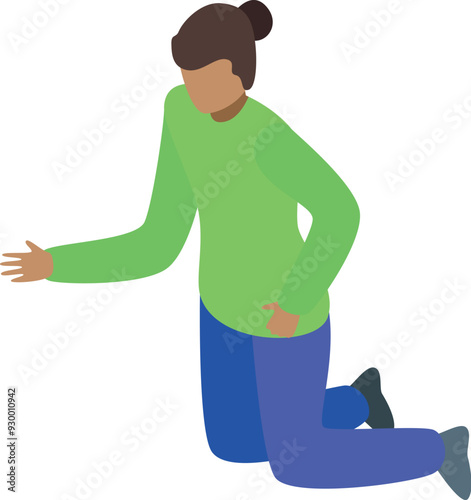 Young man is kneeling and extending his arm, as if reaching for something or offering help