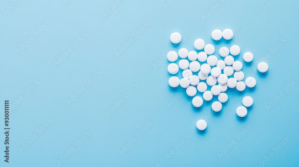 An illustration of white pills on a blue background with space for text