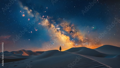 A figure stands on the sand dune with the bright starry sky and Milky Way in the background.