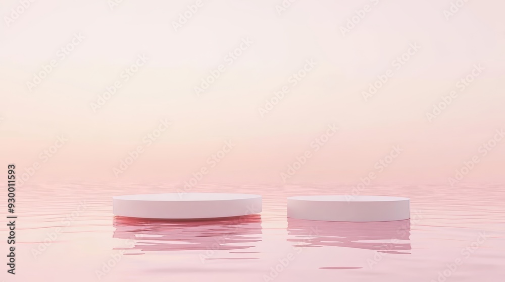 For product display, circular white podiums surrounded by water and ripples are on pink backgrounds For product display, circular white podiums surrounded by water and ripples are on pink backgrounds