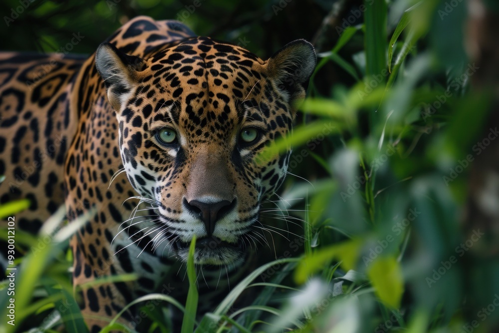Fototapeta premium Jaguar prowling through lush green vegetation in the jungle
