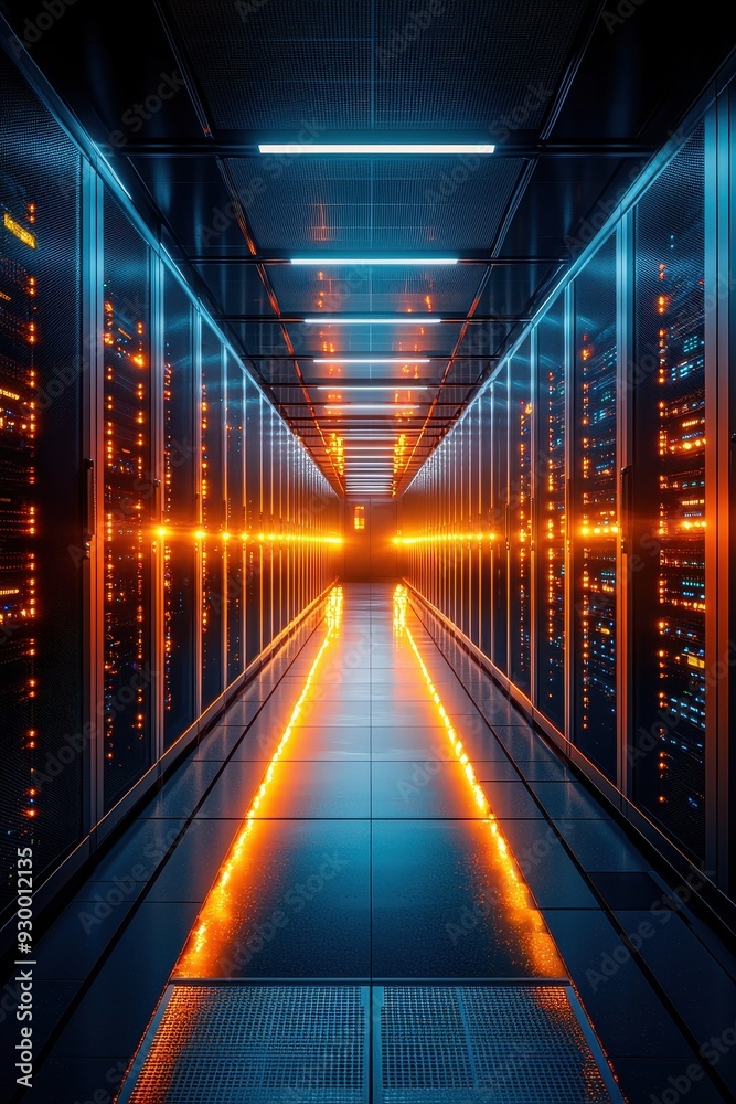 A futuristic data center corridor illuminated with glowing lights A futuristic data center corridor illuminated with glowing lights