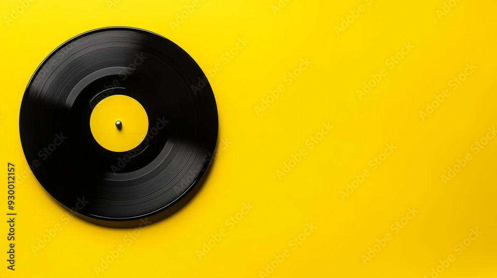 Fototapeta premium An LP vinyl record on a yellow background with a top view of a turntable