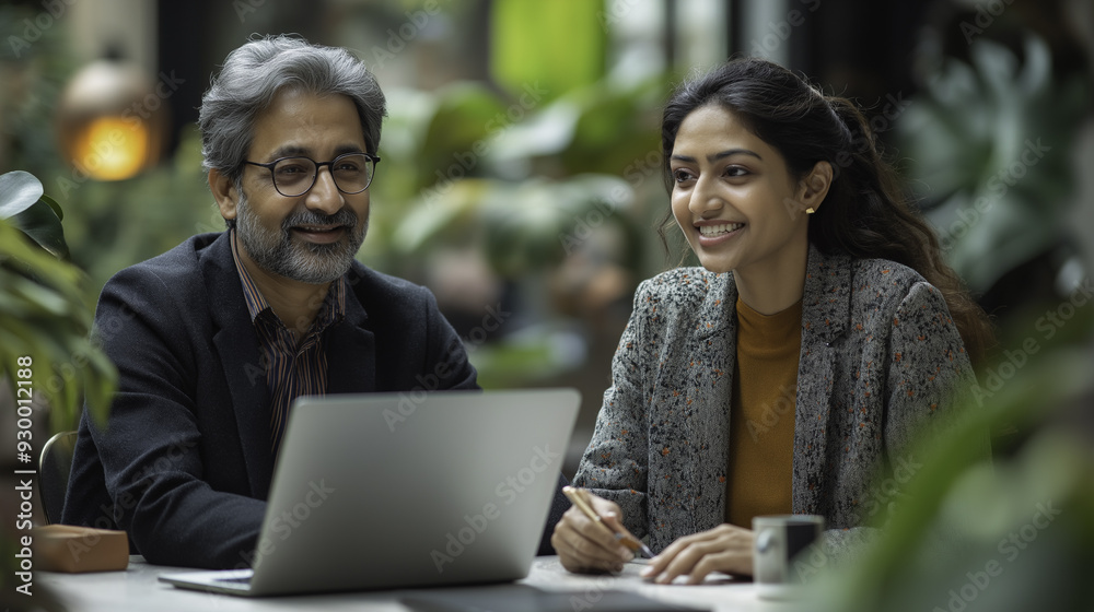 A man and a woman are sitting at a table with a laptop in front of them. Scene is positive and friendly