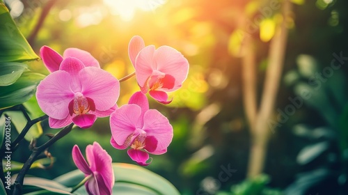 In a winter or spring garden with selective focus and copy space, a pink orchid Phalaenopsis bouquet is seen with selective focus and copy space.