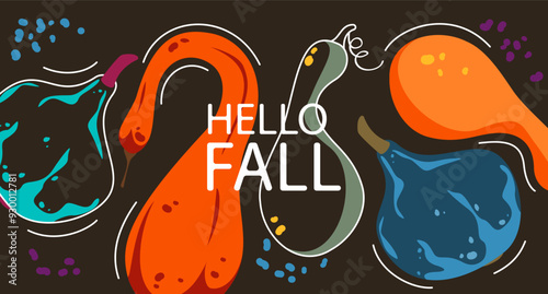 Hello autumn. Background with autumn colorful pumpkins. Autumn season. Vector illustration.