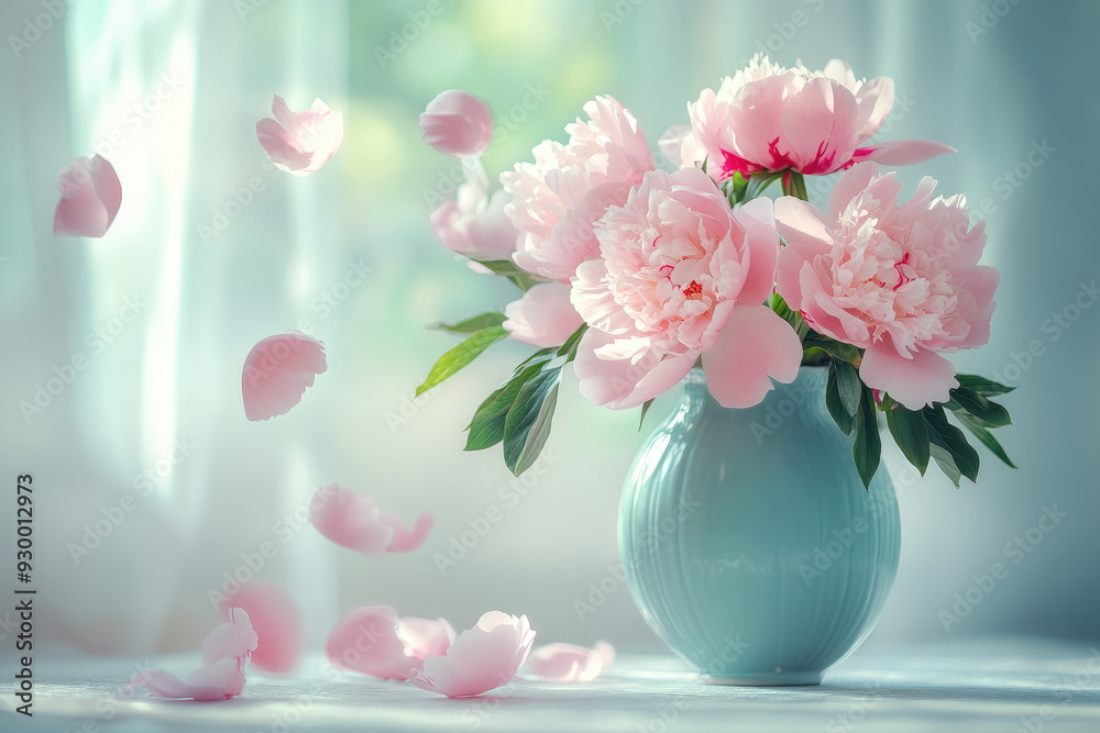 Peonies in a Pastel Vase with Gently Falling Petals Peonies in a Pastel Vase with Gently Falling Petals