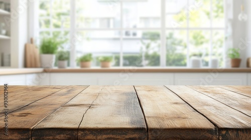 A blurred light brown wooden table in a vintage kitchen setting