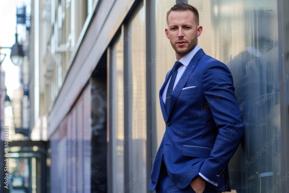 Businessman leaning against glass wall in the city Businessman leaning against glass wall in the city