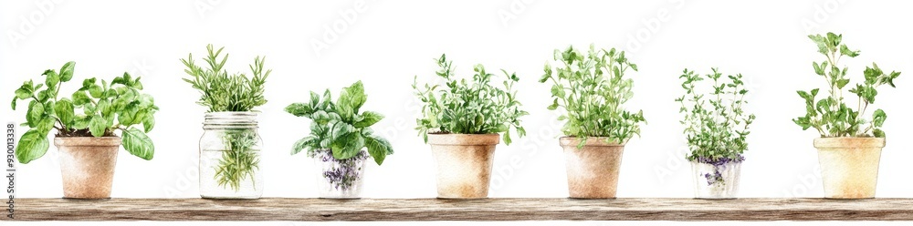 Children's picture book illustration of a kitchen scene with herbs on a wooden table in sketch and watercolor style Children's picture book illustration of a kitchen scene with herbs on a wooden table in sketch and watercolor style