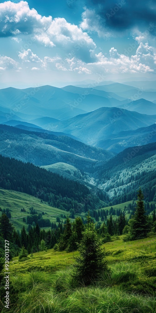 serene mountain landscape panoramic view, layers of green hills and blue peaks, misty serene mountain landscape panoramic view, layers of green hills and blue peaks, misty