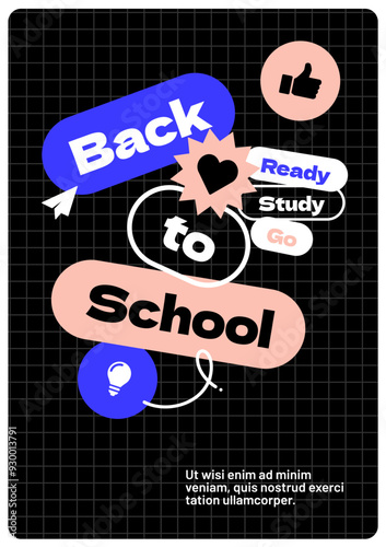 Back to school layout template. Design with geometric shapes and y2k patches, labels, tags, stickers for your flyer, poster, cover, brochure or banner. Trendy promo labels.