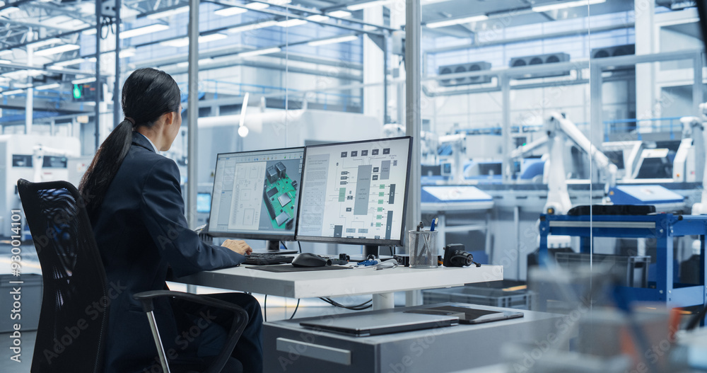 Asian Industrial Engineer Doing Creative Work on a Computer in Office. Female Creating an Innovative Motherboard with Powerful Microchips for Artificial Intelligence Systems Asian Industrial Engineer Doing Creative Work on a Computer in Office. Female Creating an Innovative Motherboard with Powerful Microchips for Artificial Intelligence Systems