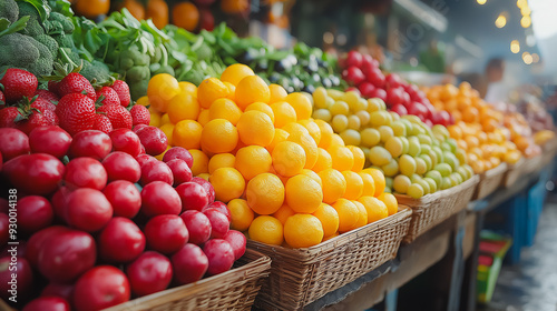 A fruit stand with a variety of fruits including apples, oranges, and strawberries. The stand is full of fresh produce and he is well-stocked