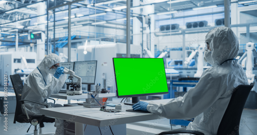 Two Laboratory Workers in Protective Coveralls Developing a Central Processing Unit. PCB Designer Working on a Computer With Green Screen Chromakey On Display, While Colleague is Using a Microscope Two Laboratory Workers in Protective Coveralls Developing a Central Processing Unit. PCB Designer Working on a Computer With Green Screen Chromakey On Display, While Colleague is Using a Microscope