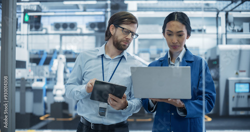 Caucasian Engineer and Asian Female Project Manager Standing in Office, Talking and Using Computers and Monitoring Production at Modern Automated Electronics Manufacture with AI Robotic Arms