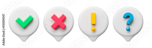 3d realistic set of check icons. Vector illustration of round green tick, red cross, yellow exclamation point, blue question mark. Collection of check icons isolated on white background