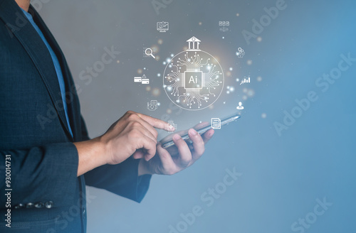 Businessman Hand Using Mobile Phone to Connect Digital banking on mobile , finance bank money technology online, e-commerce, Smart, E-wallet, Financial and Economy.