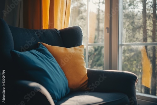 The windows in the living room interior are draped in fashionable fabrics.