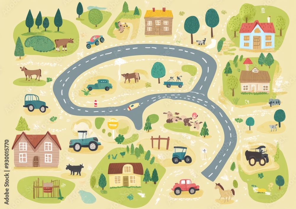 Obraz premium Maze puzzle game for children with cute cars, houses, and trees. Maze activity sheet for kids.