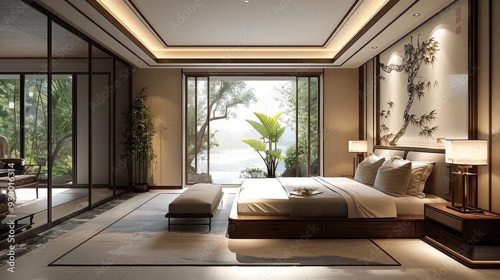 Fototapeta premium New Chinese style bedroom, spacious, modern and new Chinese elements fusion. Generative AI.