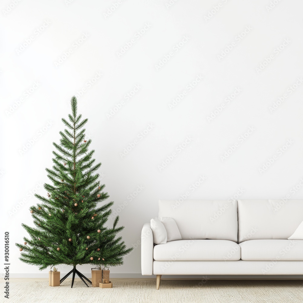 A boho living room with a minimalist Christmas tree, 3D illustration, isolated on white background A boho living room with a minimalist Christmas tree, 3D illustration, isolated on white background