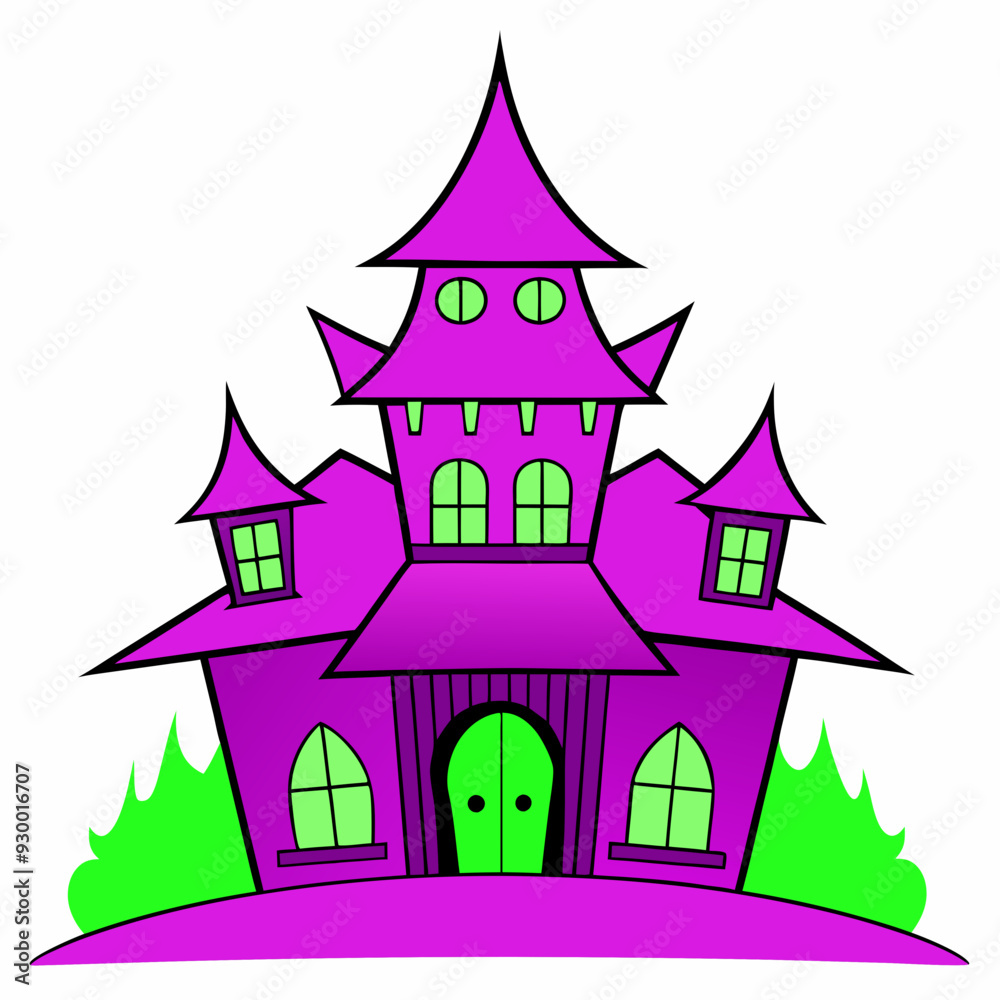 Fototapeta premium Purple Haunted House with Green Accents, Spooky Cartoon Halloween Illustration, Isolated
