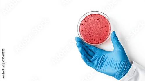 A scientist s gloved hand holding a petri dish with cells, 3D illustration, isolated on white background photo