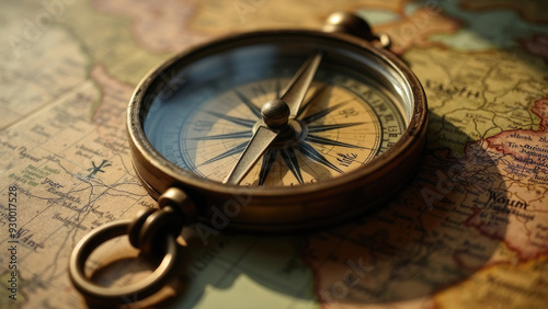 An antique brass compass rests on an old, detailed map, symbolizing the spirit of exploration, adventure, and navigation through uncharted territories with a sense of mystery and direction.